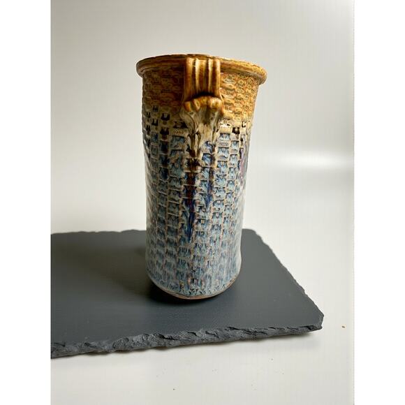 Brad Tucker Studio Pottery Basket Vase North Carolina Blue Brown Textured Glaze - Picture 5 of 9